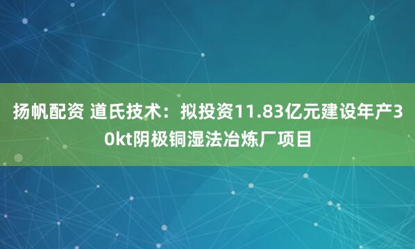扬帆配资 道氏技术：拟投资11.83亿元建设年产30kt阴极铜湿法冶炼厂项目